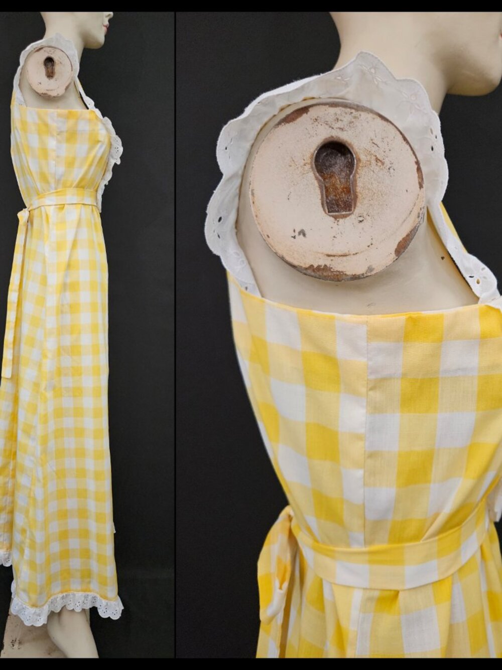 60s/70s Yellow Gingham Ruffled Trim Maxi Dress - Picture 9 of 15